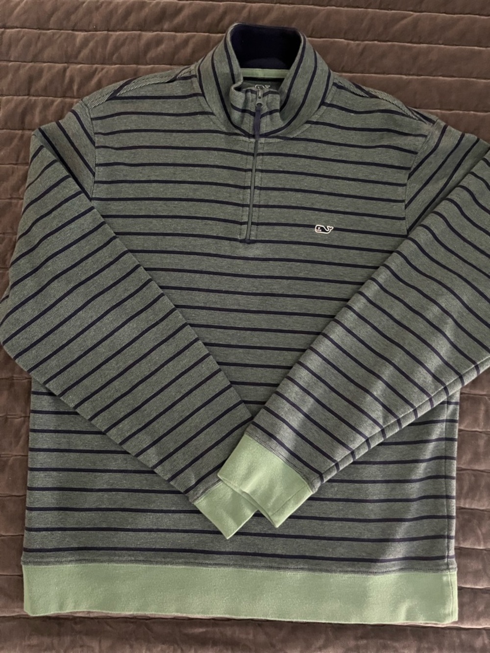 Vineyard Vines Men's Sage Green and Navy Striped Zip-Up Sweater